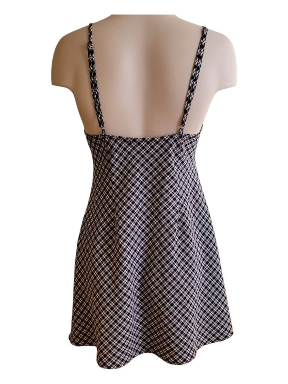90s Inspired Plaid Slip Dress Black & White Cowl Neck Mini Spaghetti Strap sz M - Picture 3 of 10